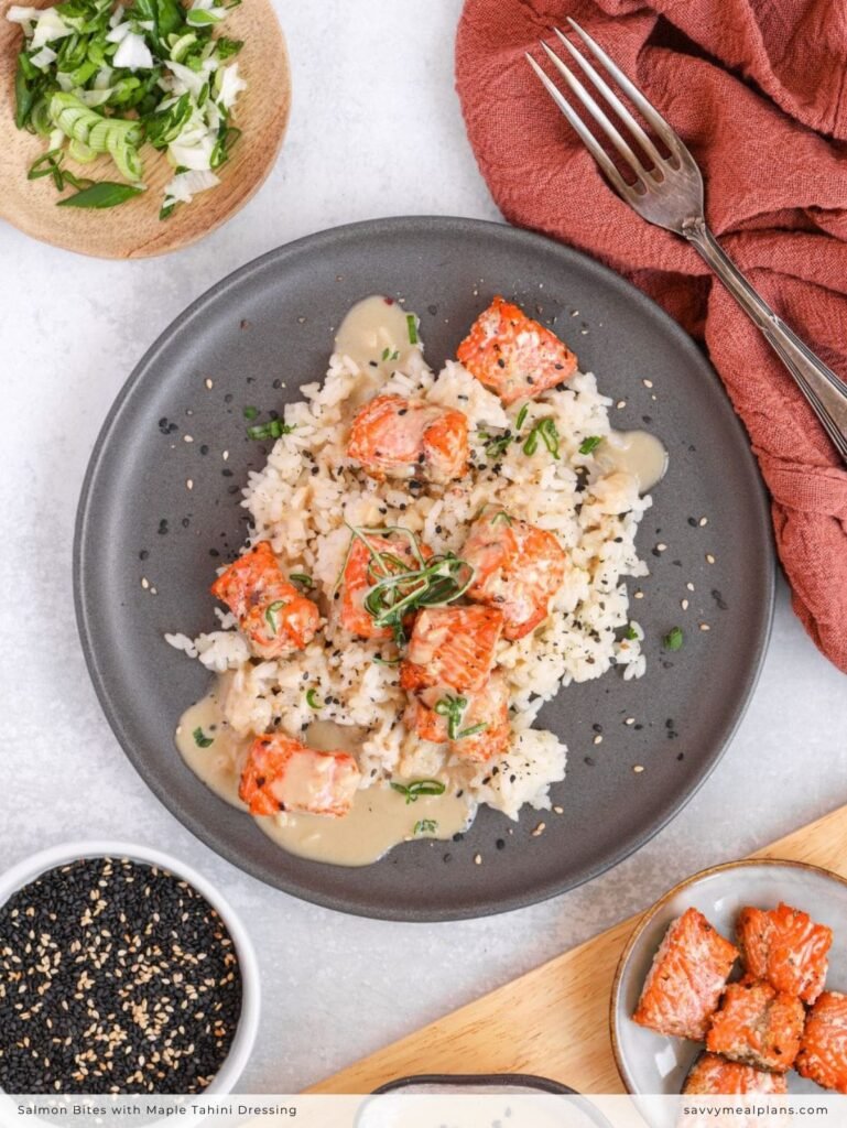 Salmon Bites with Maple Tahini Dressing
